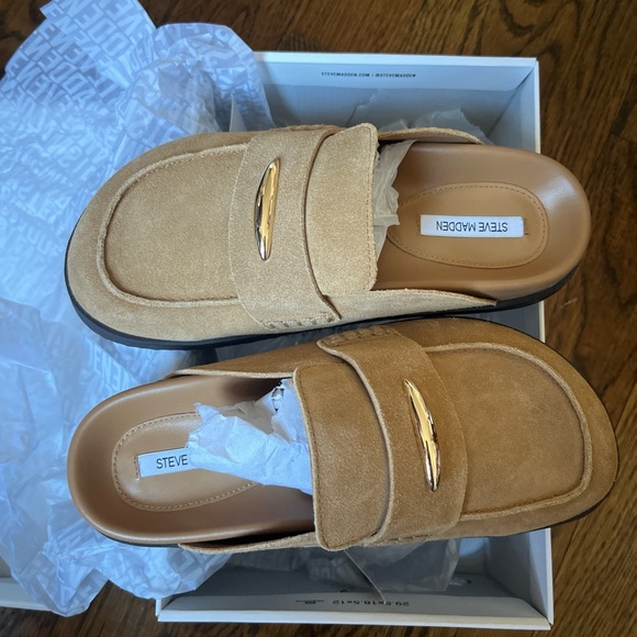 Steve Madden Tan Suede Mule Loafers with Gold Accent - Picture 7 of 7